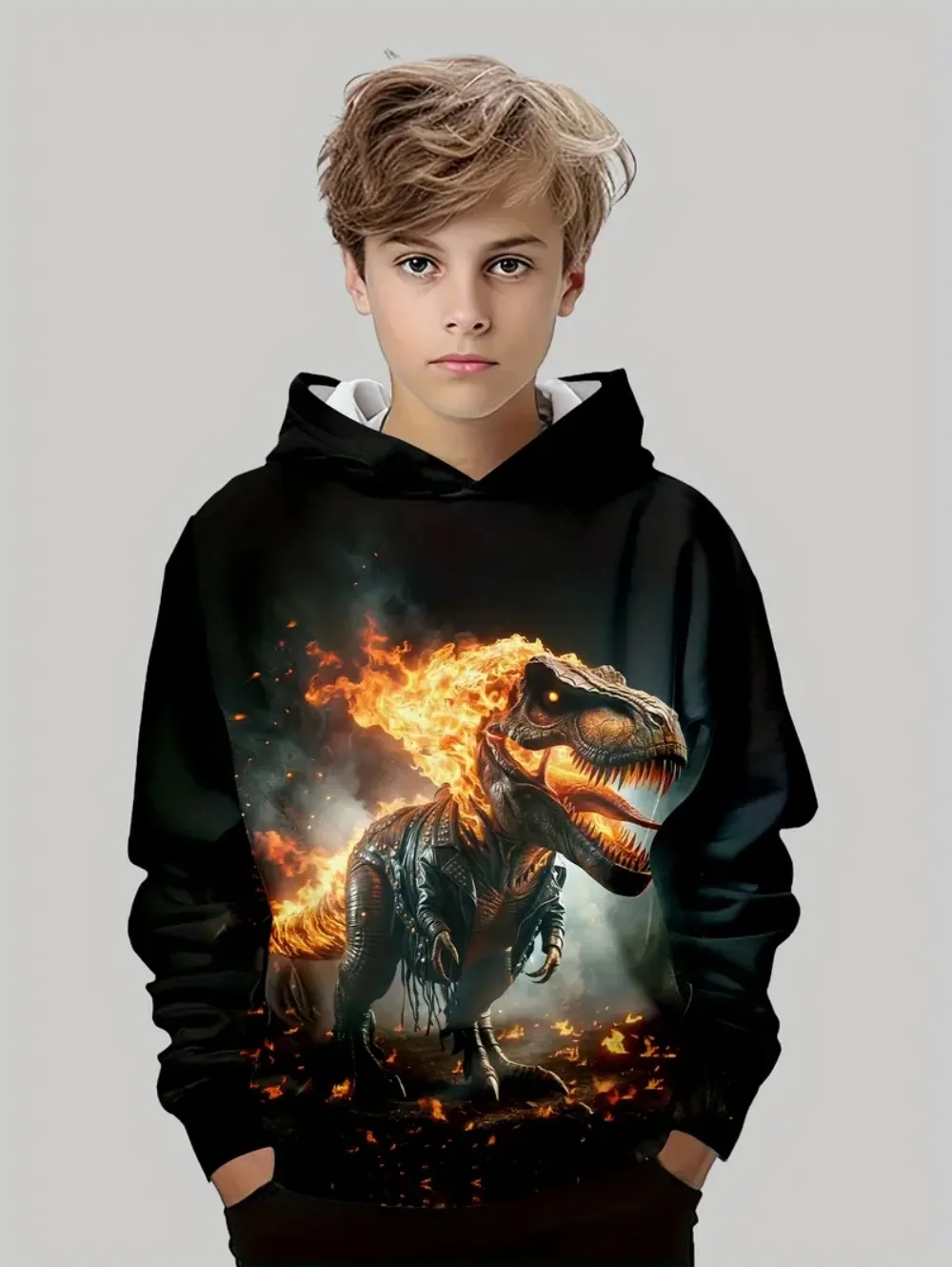 Bluzy chłopięce z kapturem, z nadrukiem dinozaura 3D, jesienne bluzy z długim rękawem, pulowery, ubrania dla niemowląt, bluza, odzież dziecięca na co dzień, do noszenia na zewnątrz.