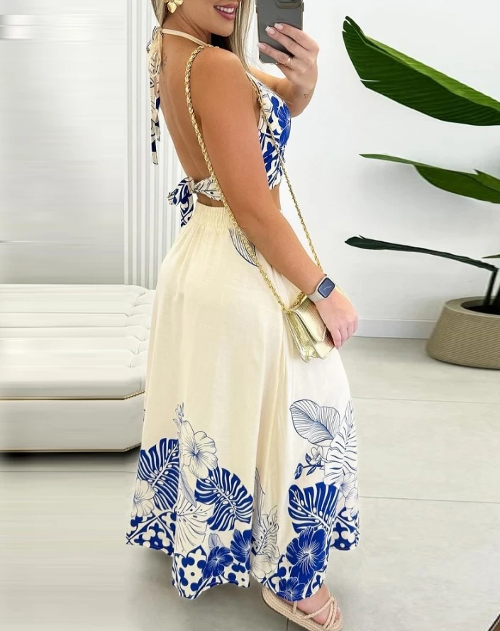 Sexy Women\'s Dress 2024 Summer Casual Blue and White Porcelain Print Hanging Neck Back Lace Up Top and Split Skirt Two Piece Set