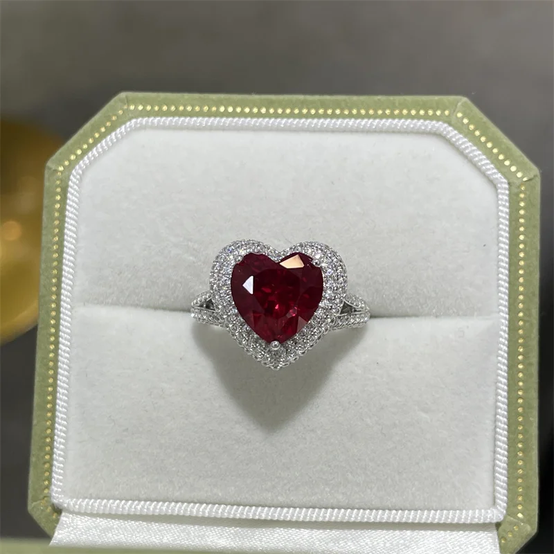 

ZFSILVER s925 Silver Luxury Trendy Retro Cultivated Gemstone Red 4ct Heart Ring Charms Women Wedding Party Jewelry Gifts R3-0746