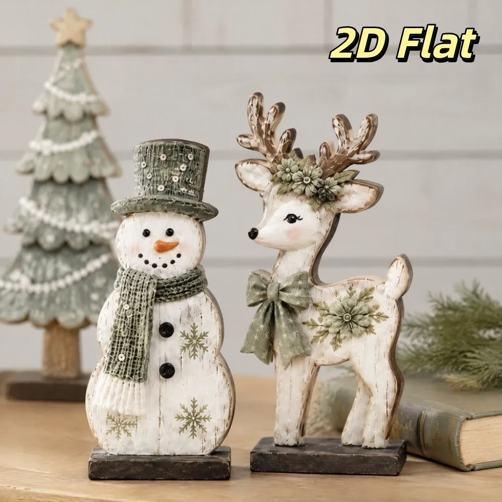 2D Flat Wooden Christmas Tabletop Ornaments Vintage Painted Christmas Table Plaques Stable Base Christmas Tree