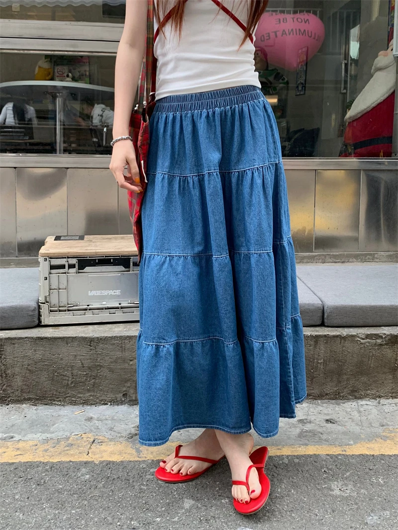 Benuynffy Vintage Ruffle Hem Denim Skirt Women Spring Summer 2024 Korean Casual Elastic Waist A-line Female Swing Long Skirts