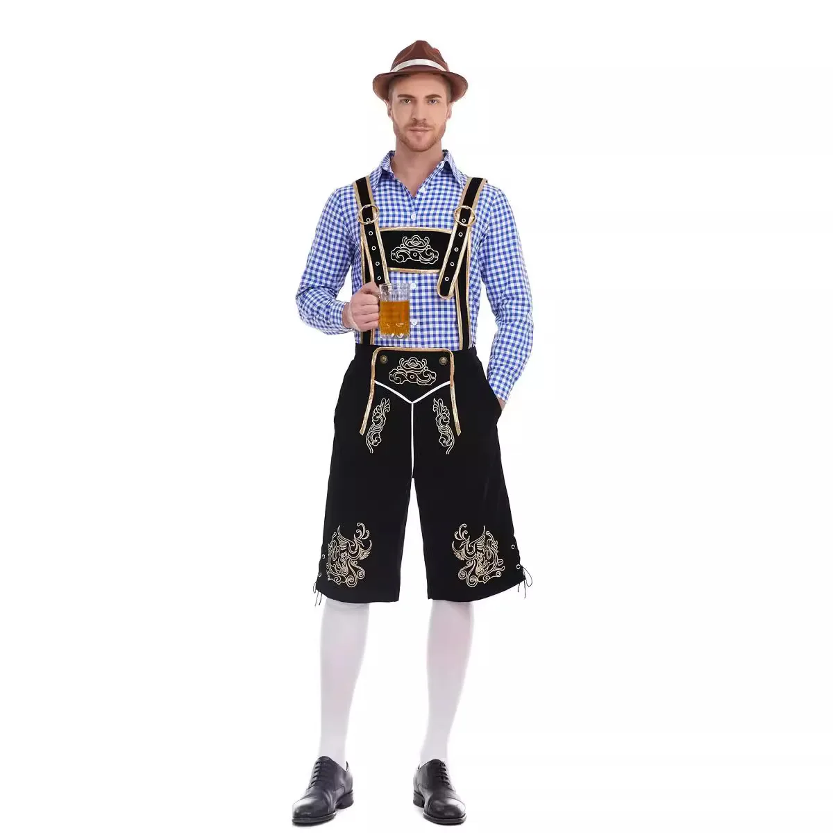 La birra degli uomini dell'oktoberfest bavarese tedesco indossa il vestito delle bretelle della camicia scozzese per adulti