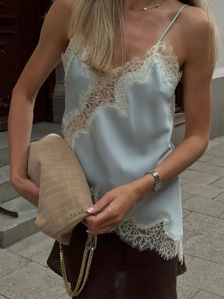 HH Women Solid Asymmetric Tops V Neck Suspender Sexy Lace Tank Tops Woman Elegant Fashion High Street Lady Chic Top Camis