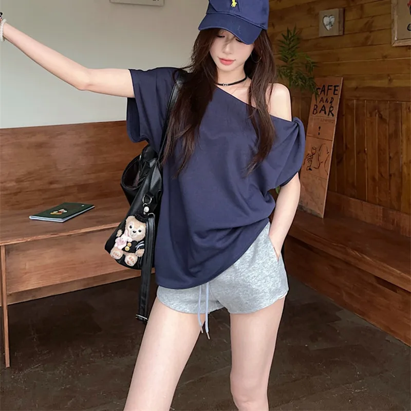 Shoulder Korean Fashion T-shirt Women Sexy Y2K Kpop Tops Vintage Gothic Harajuku Tees Kawaii Slim Cheap Clothes Woman Tshirts