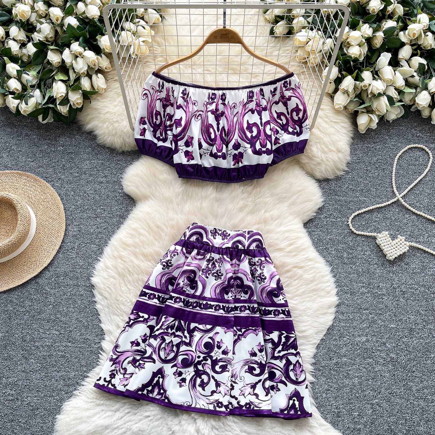 

Summer Y2k Sexy Purple Blue and White Porcelain Two Piece Set Women's O-Neck Short Sleeve Crop Tops + Maxi Long Skirt Suits 2025