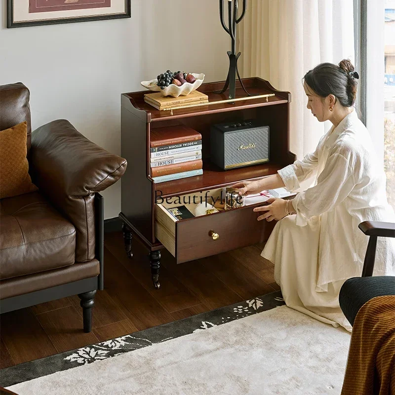 French retro solid wood removable bedside table with wheels mini TV side cabinet