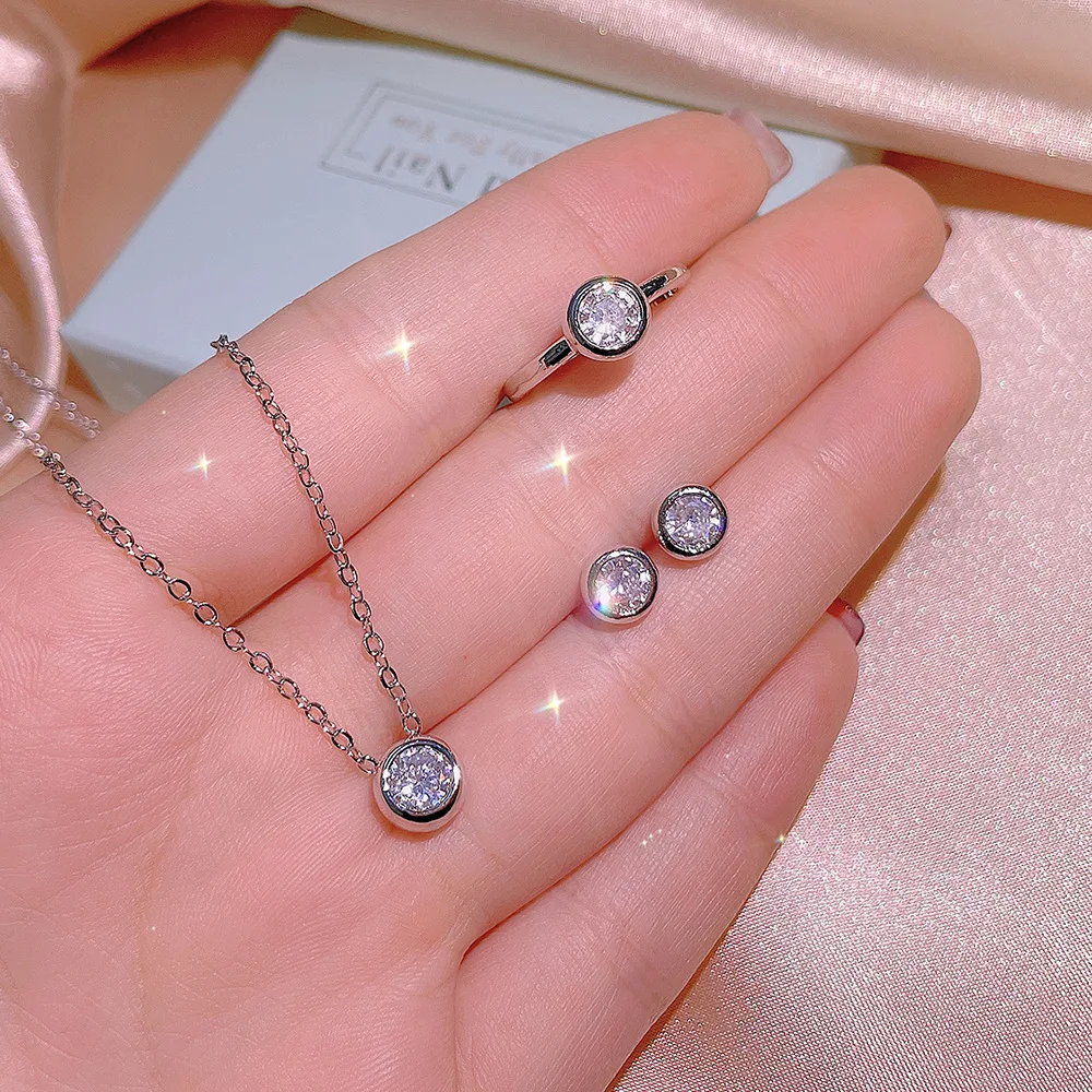 925 silver new single diamond temperament luxury all-match necklace ring set ladies simple small circle jewelry gift