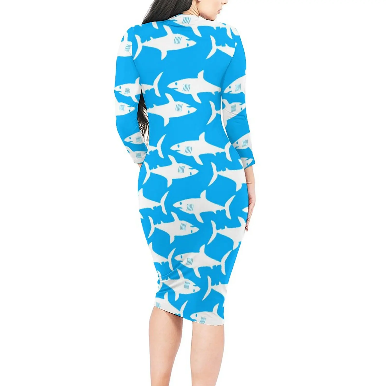 Great White Shark Dress Long Sleeve Cool Animal Print Elegant Dresses Autumn Womens Korean Fashion Custom Bodycon Dress Big Size