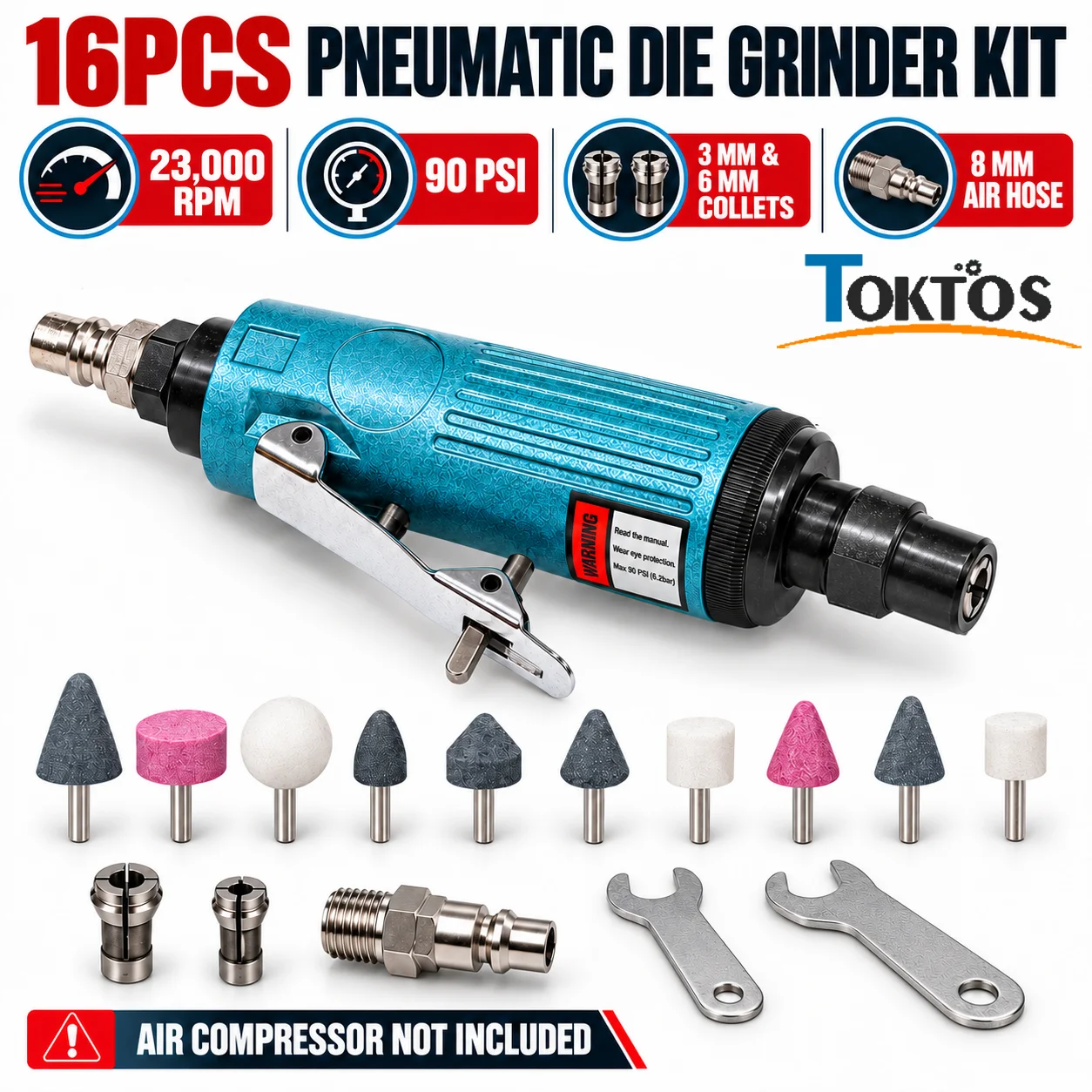 TOKTOS 16PCS Pneumatic Die Grinder Kit 23000RPM 90PSI 3mm 6mm Collets Air Grinding Polishing Tool Set for Metal Stone Plastic