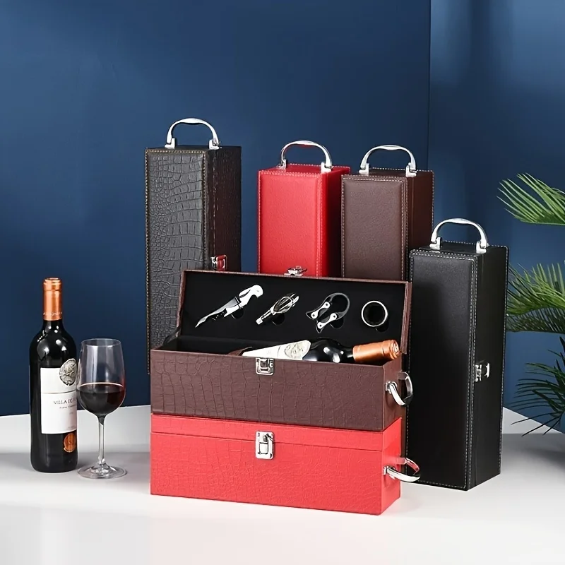 

Luxury Single Bottle Leather Gift Box for Red Vino with Accessories Set Elegant Carrying Case with Professional Tools and Handle