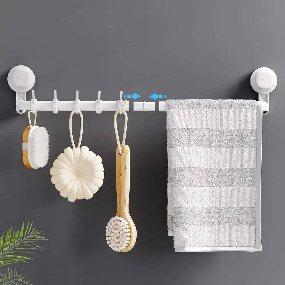 

24 Adjustable Suction Cup Towel Rack, 5 Hooks, Wall Mount, No Drill Needed, Removable for Bathroom & Kitchen - White