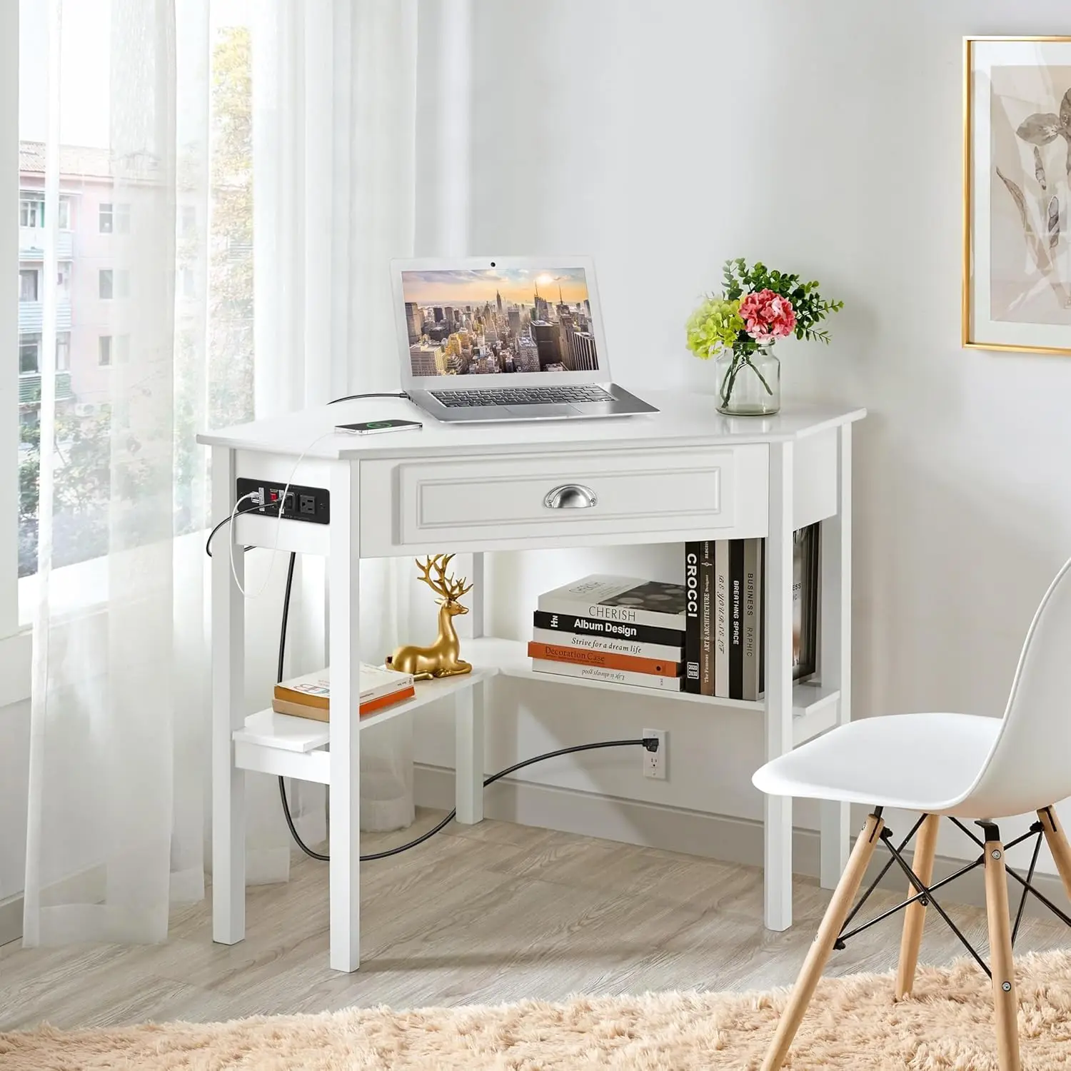 L Shaped Corner Computer Desk with Power Outlets, Reversible Triangle Workstation with USB Ports and Hook for Small Space