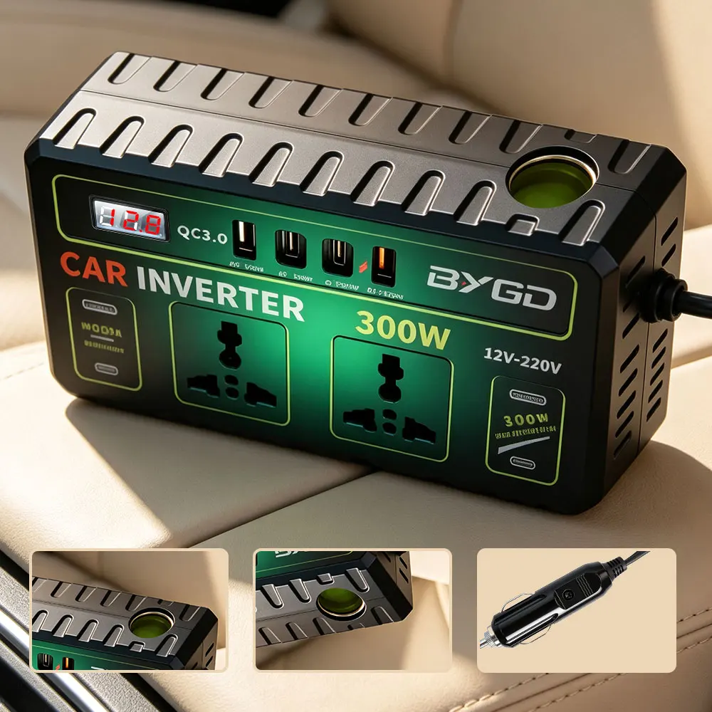 300W Car Power Inverter Peak 600W 12V/24V DC To 220V AC Dual Socket Dual USB Interface Dual Type-C Interface LCD Display Screen