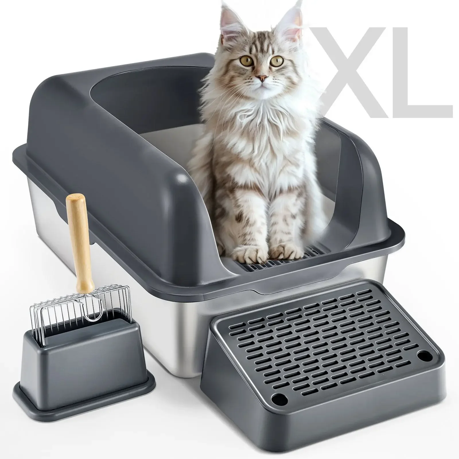 

Stainless Steel XL Cat Litter Box – High Walls & Snap Lid, Odor-Proof & Easy Clean, 60L Capacity for High-Urine Cats