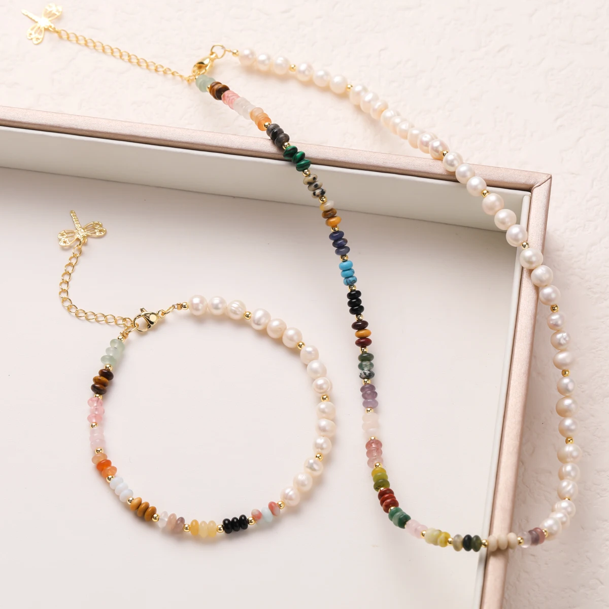 

Accept Customization Boho Candy Colors Genuine Natural Stone Freshwater Pearl Jewelry Sets Necklace Bracelets for Women Gift
