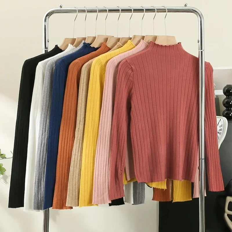 2026 جديد الخريف الشتاء نصف الياقة العالية كم طويل مضلع بلوفر مغزول عادية بلون لينة البلوزات القمم الأساسية