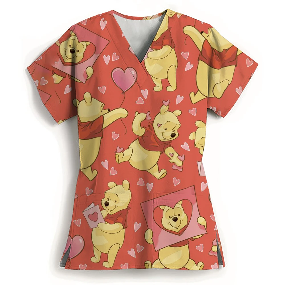 Ladies Nurse Uniform V-neck Workwear Disney Winnie the Pooh Working Uniform Woman Casual Medical Clinic Nursing Blouse Shirts