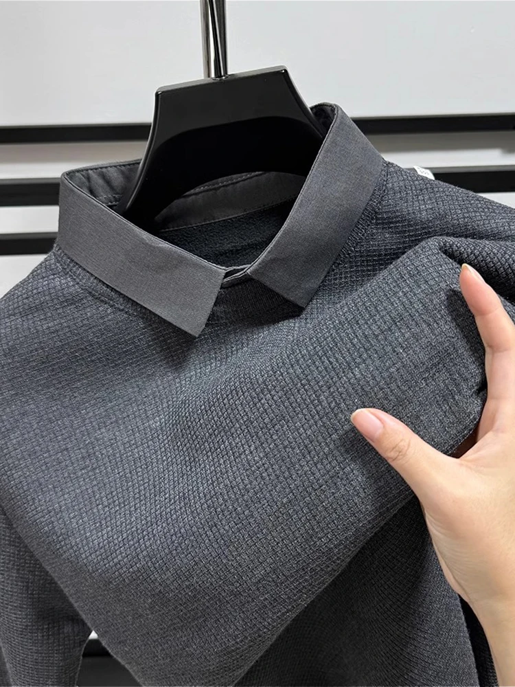 

Ele Fce Lined irt Collar Sweater Fake Two-Piece Base Layer for Men Casual Sle Winter Knitwear Comfortable Polyester