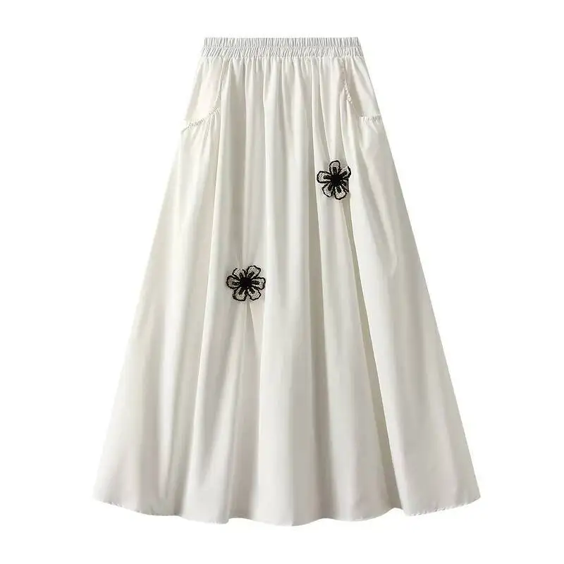 

Women's Spring Autumn Floral Embroidery Loose A-line Casual Skirts Female 2025 Korean Fashion High Waist Long Skirt With Pockets