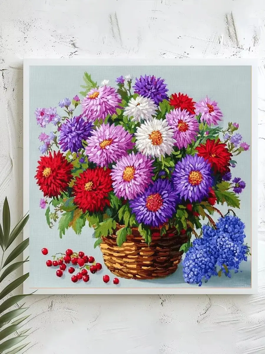 1 Stück 40x40 cm/15,74 Zoll, 11Ct/14Ct Kreuzstich-Set, DIY Valentinstagsgeschenk, Stickerei-Set für Festlichkeiten, Aster-Blumenkorb – Detail 1