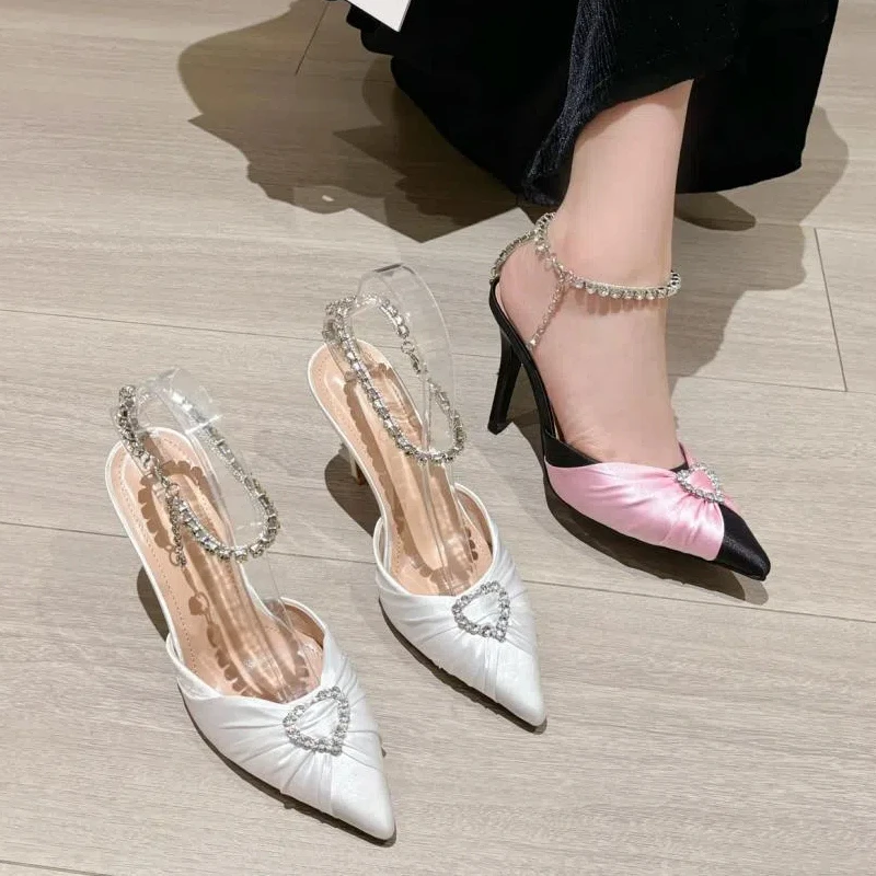 New Spring and Summer Women's High Heels Fashionable Pointed Heart Rhinestones One-strap Closed-toe Sandals Party Shoes