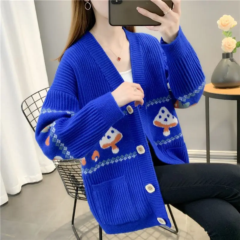 2023 New Lazy Style Women\'s Simple Embroidered Coat Loose Reducing Age Knitted Cardigan Spring and Autumn Button Long Sleeve Top