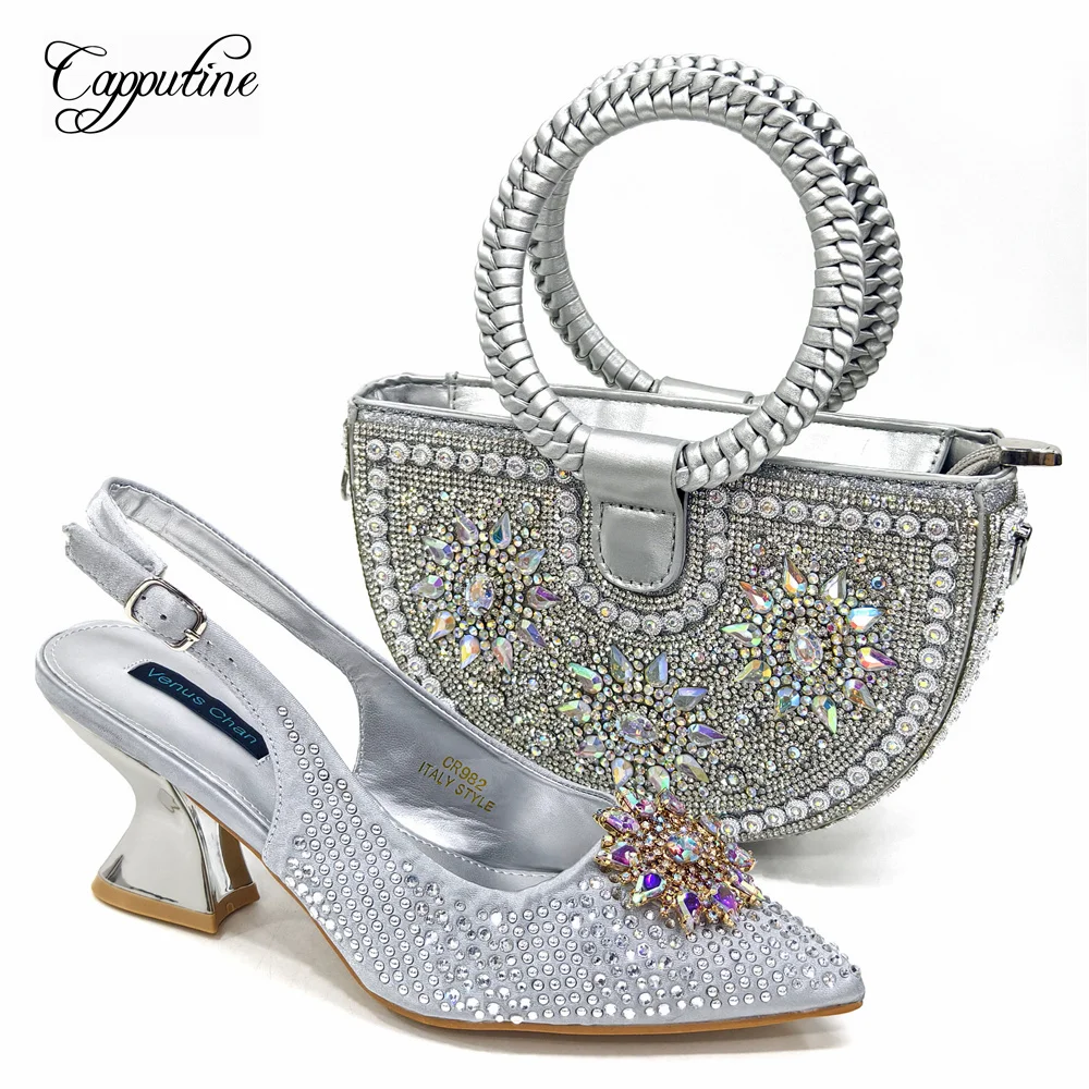 Silver Women Shoes And Bag Set African Ladies Pumps Match With Handbag Stones Sandals Clutch Escarpins Femme Sandales CR982