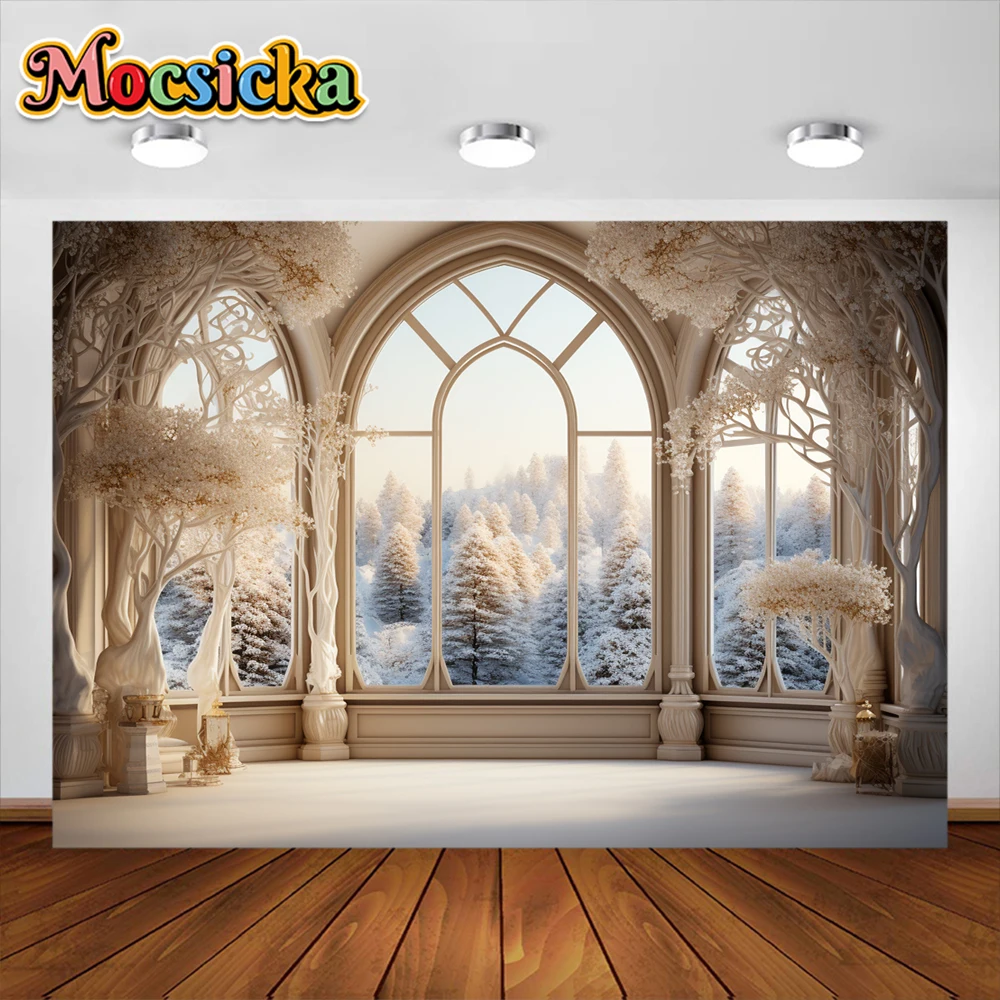 Winter Christmas Photography Background Window Forest Snow Xmas Kids Family Party Portrait Decor Backdrop Photo Studio Props