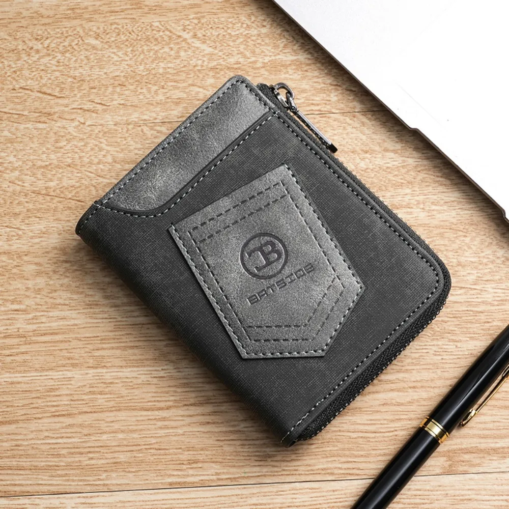 

Portable Classic Men's Short Wallet Anti Theft RFID Credit Card Holder Solid Color Zipper Closure Male Bifold Wallets Daily