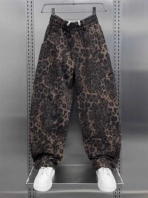 

Мужские повседневные брюки больших размеров в американском ретро-стиле с леопардовым принтом, свободные брюки-карго для подростков, весна-осень