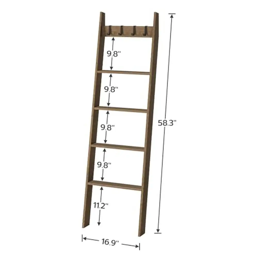 5-Tier Bamboo Blanket Ladder Decorative Wall Shelf Bedroom Bathroom Living Room Versatile Rustic Towel Rack with 4 Hooks