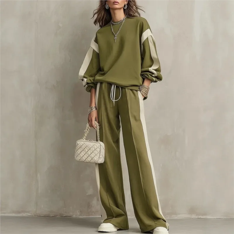Women 2 Piece Tracksuit Set Color Block Stripe Loose Sweatshirt + Wide Leg Drawstring Pants, Casual Streetwear Matching Outfit