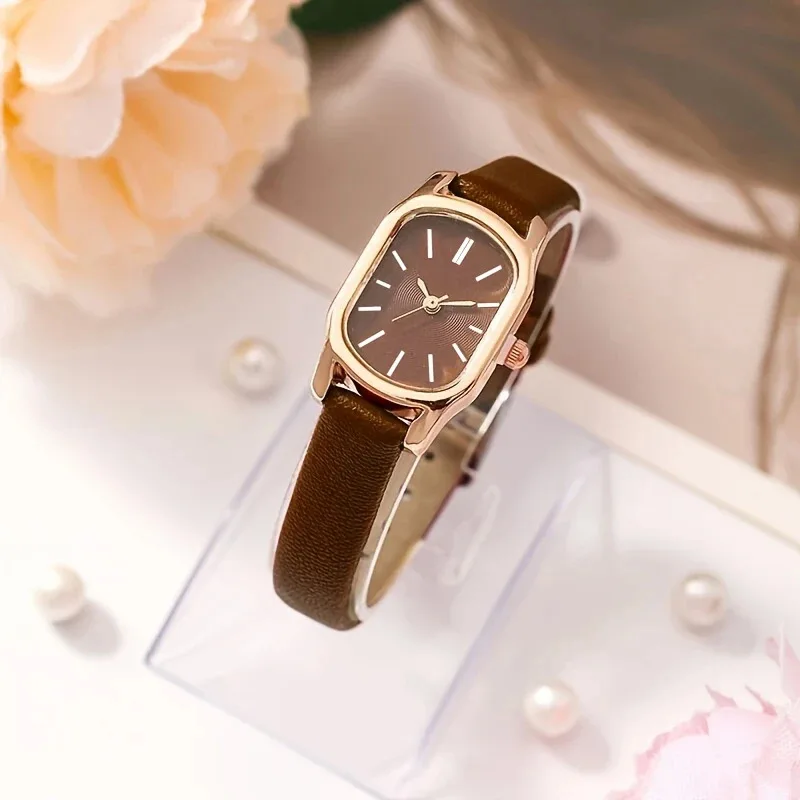 Vintage Small Oval Ladies Quartz Watch Rosegold Case White Leather Strap Elegant Wristwatch for Daily Dating Gift