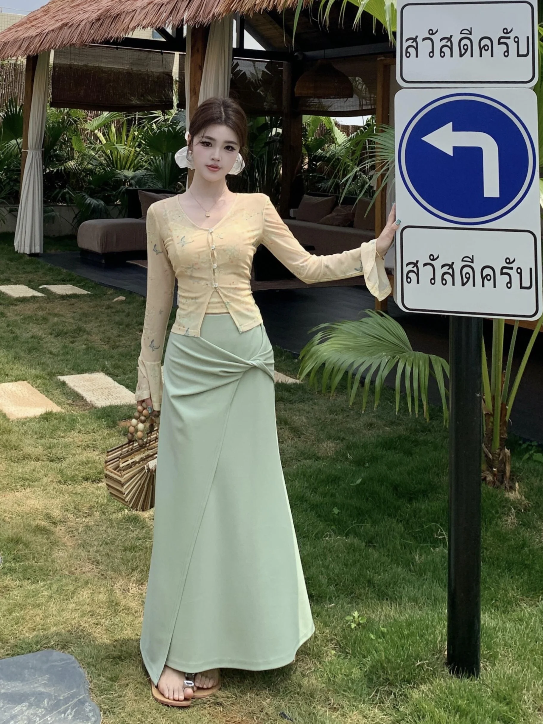 

plus Size Summer Fashion Set Print Open Cardigan Tank Top Green High Waist A-Line Skirt Korean Style Long Sleeve