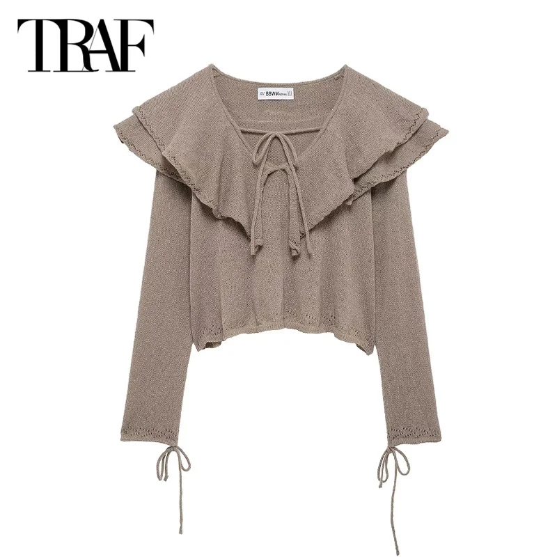 

TRAF Short Khaki Sweater Tops 2025 Women's Spring Elegant Bow Lace-Up Knitted Pullovers Fashion Casual Long Sleeve Knitwear Tops