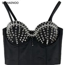 SXTHAENOO 2024 New Tight Short Corset Fashion Y2k Black Rivet Bra Strap Vest Sexy Evening Nightclub Dance Camisole Cropped Top
