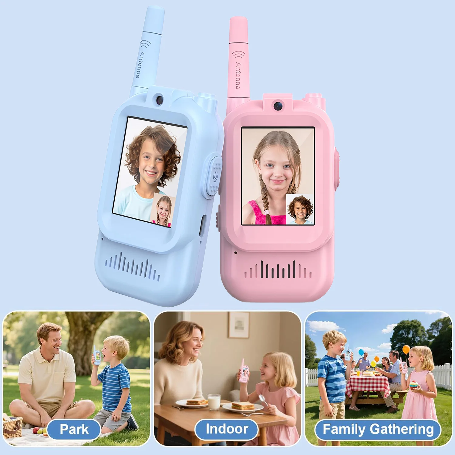 ビデオキッズウォーキートーキー2個セット-充電式-子供用-室内-屋外玩具-キャンプ-旅行-誕生日プレゼント