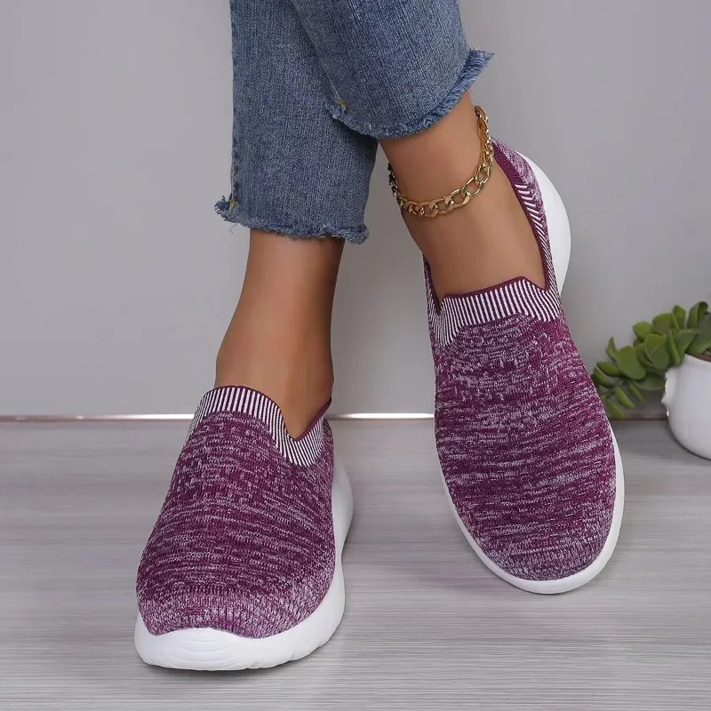 Women's Sneaker Fashion Round Toe Knit Breathable Slip-On Casual Running Shoes Size 36-43 Purple/Black/Grey