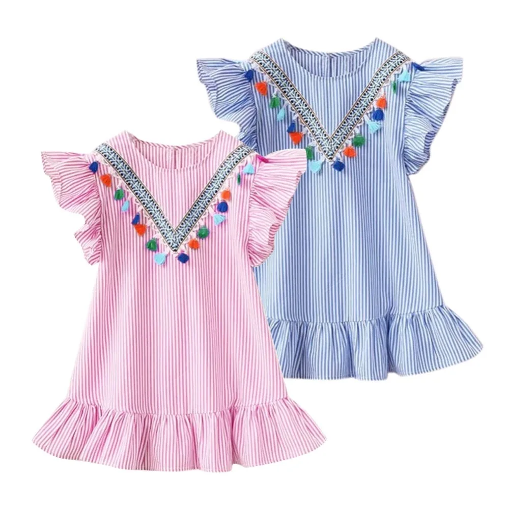 2024 Summer Girls Striped Dress Children Short Sleeves Flowers Princess Dress Baby Korean Version Beach Casual Dress 1-8Y