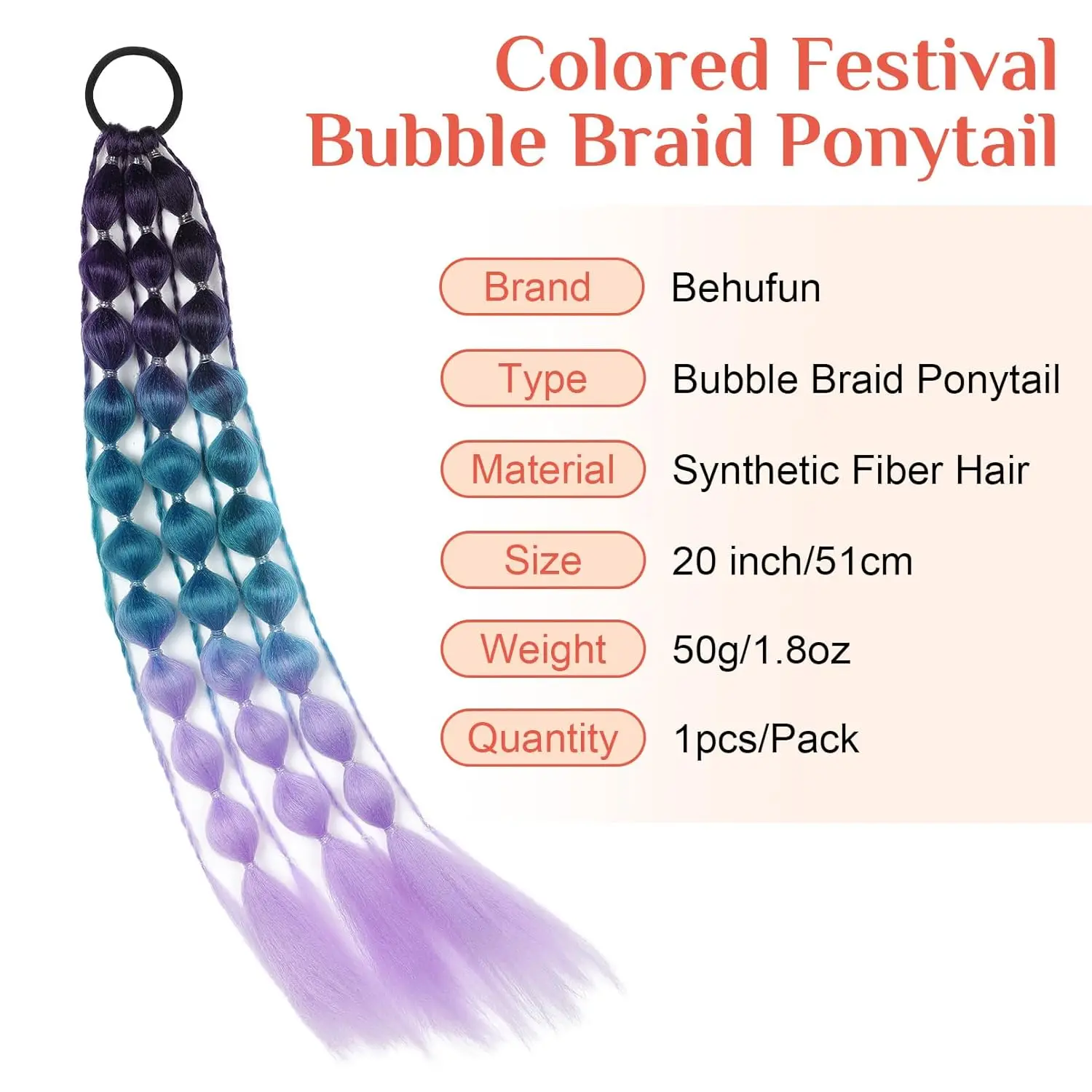 Behufun-Colored Ponytail Extensions for Kids, Lightweight, Bubble Ponytail Extension with Hair Tie, Ombre, Crazy Day Accessories