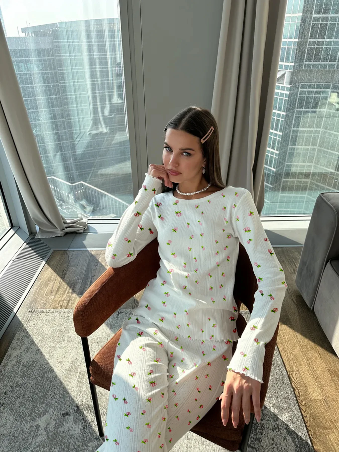 

Autumn and Winter Women's Pyjamas Phoenix Flower Cotton Fabric (35% Cotton) Long-Sleeved Top and Trousers Comfortable Homewear