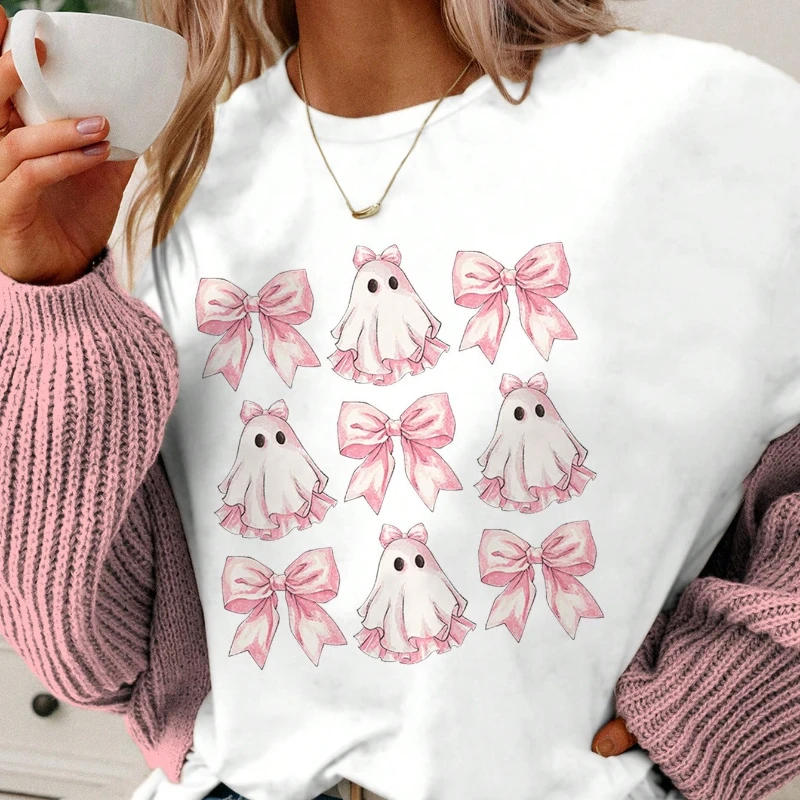 

Halloween Graphic Top Cute Ghost & Plaid Bow Print Shirt Casual Round Neck Short Sleeve T-Shirt for Women Cotton Female Clothing