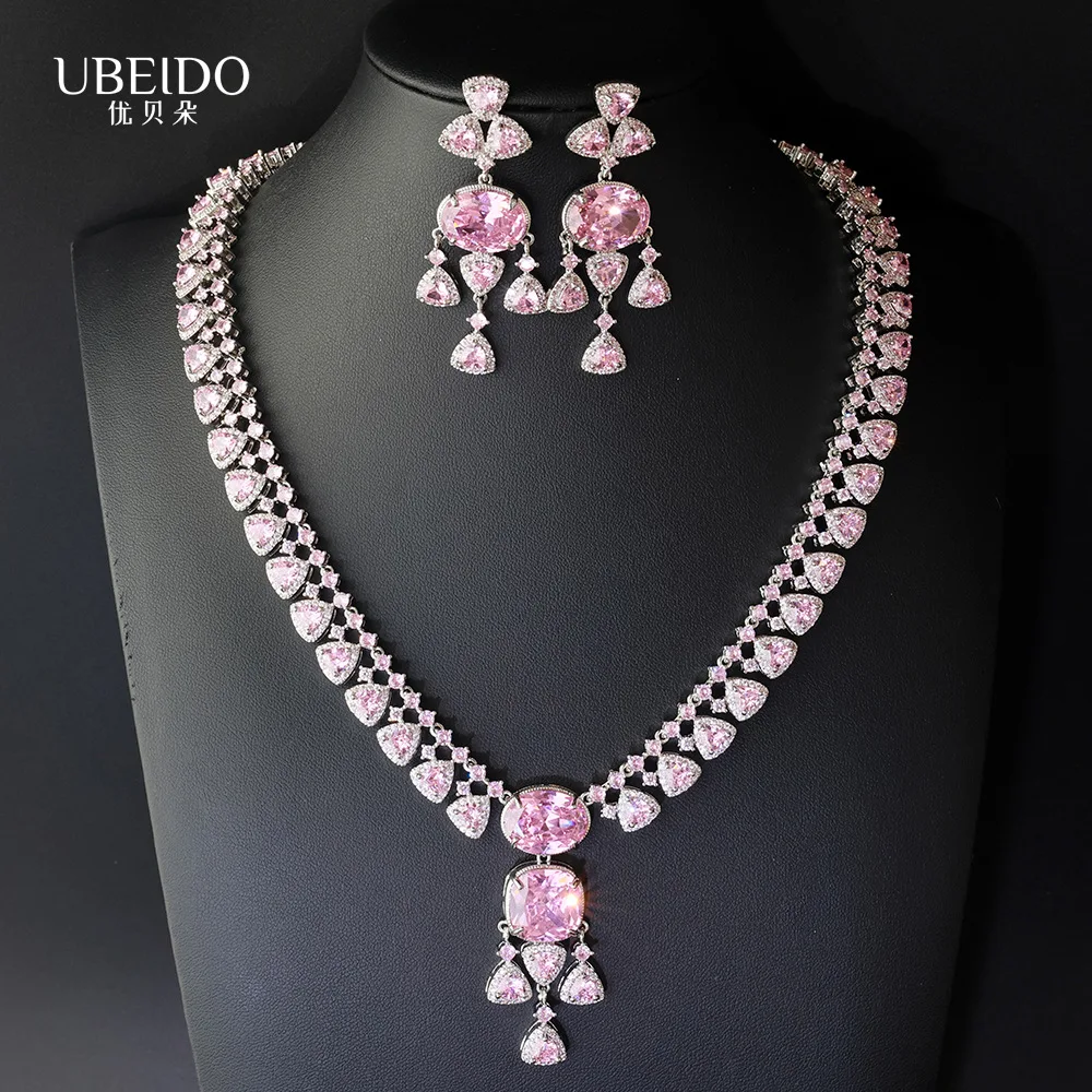 

Luxury Pink Gem Jewelry Set 5A CZ Cubic Zirconia Inlaid Necklace Earrings Elegant Women Wedding Dinner Party Jewelry Gift