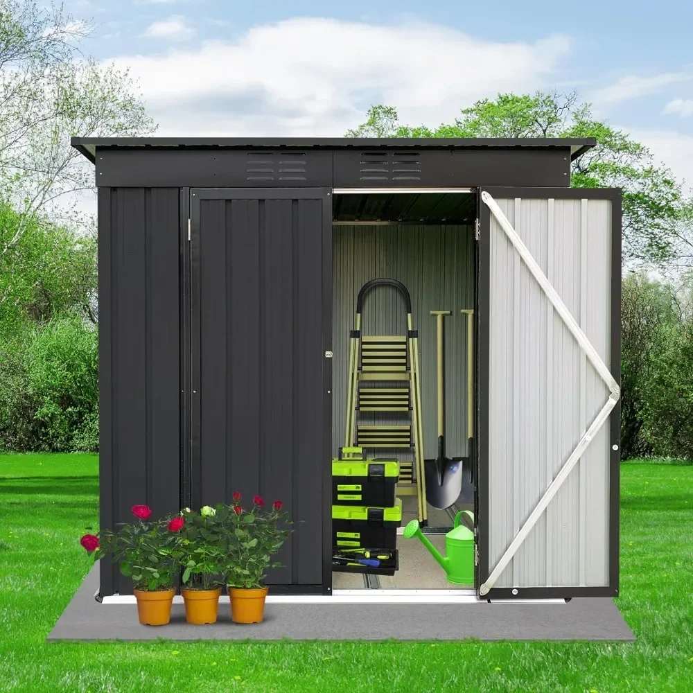 

6 x 4 ft Outdoor Storage Shed, All Weather Metal Sheds with Metal Foundation & 2 Lockable Doors, Black Storage Shed