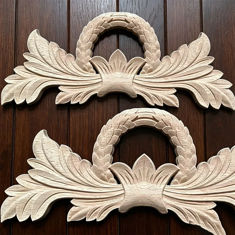 30cm Natural Wood Carved Corner Appliques Furniture Cabinet Door Frame Wall Decoration Rubber Figurines Unpainted Wooden Carving
