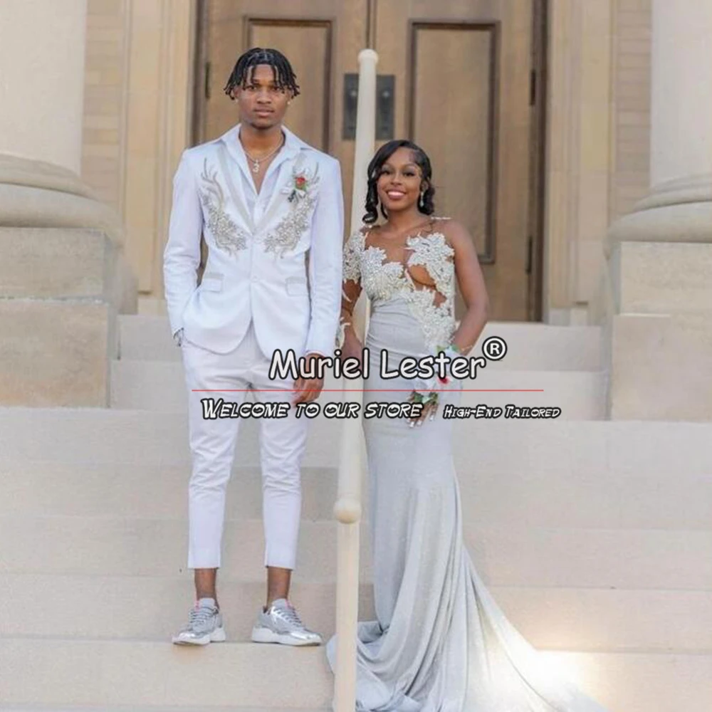 

Luxury Beaded Appliques Suits Men For Wedding Single Breasted Jacket Pants 2 Pieces White Groom Tuxedos Custom Made Ropa Hombre