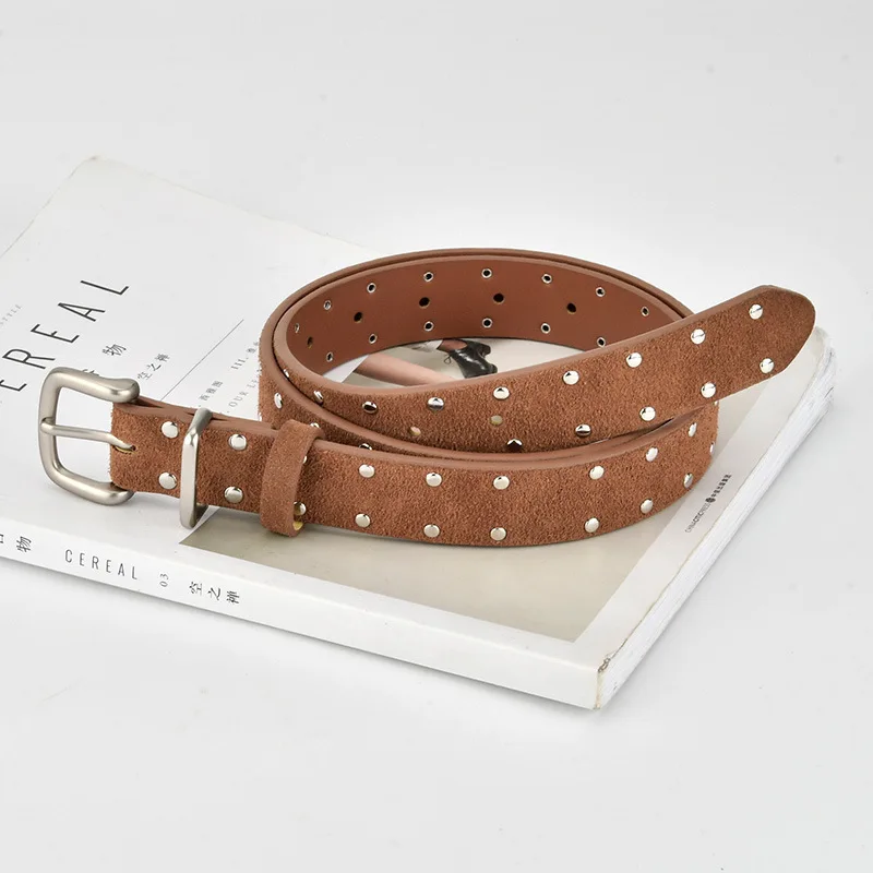 Double-row Riveted Needle Buckle Suede Woman Belt, Retro Punk Decorated Denim Pants Fashion Leather Belt for Women