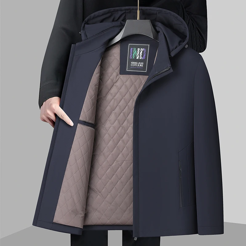 

Winter Men Thermal Hooded Jacket Black Navy Blue Quilted Basic Coats Hood Detachable Design Padded Overcoat Warm Cosy Outfit