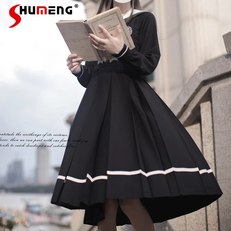 

Women's Sweet Vestidos Clothes Japanese Original College Style JK Uniform Dress Autumn Winter Black Elegant Long Sleeves Dresses