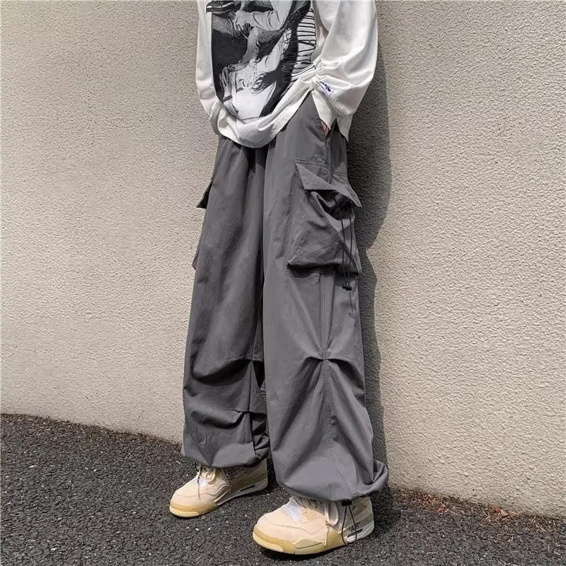 Men\'s Parachute-Style Hip-hop Street Overalls Oversized Pocket Trousers Harajuku Loose Solid Color Casual Pants Y2K Legged Pants